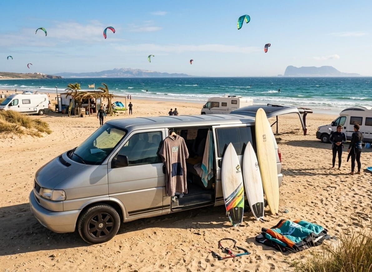 Volkswagen T4 Caravelle en la playa de Tarifa con tablas de surf